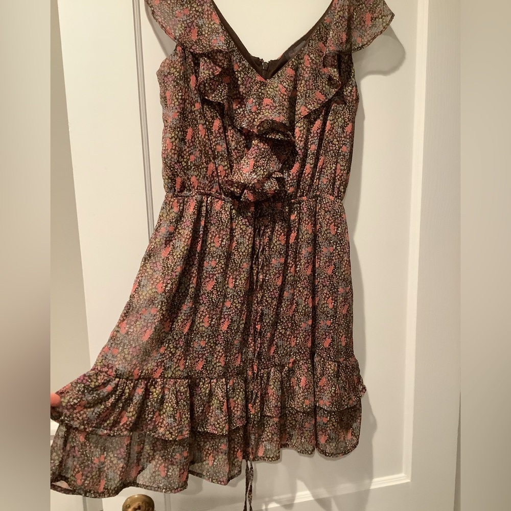 Fire LA Brown and pink floral ruffle and self tie waist sleeveless dress